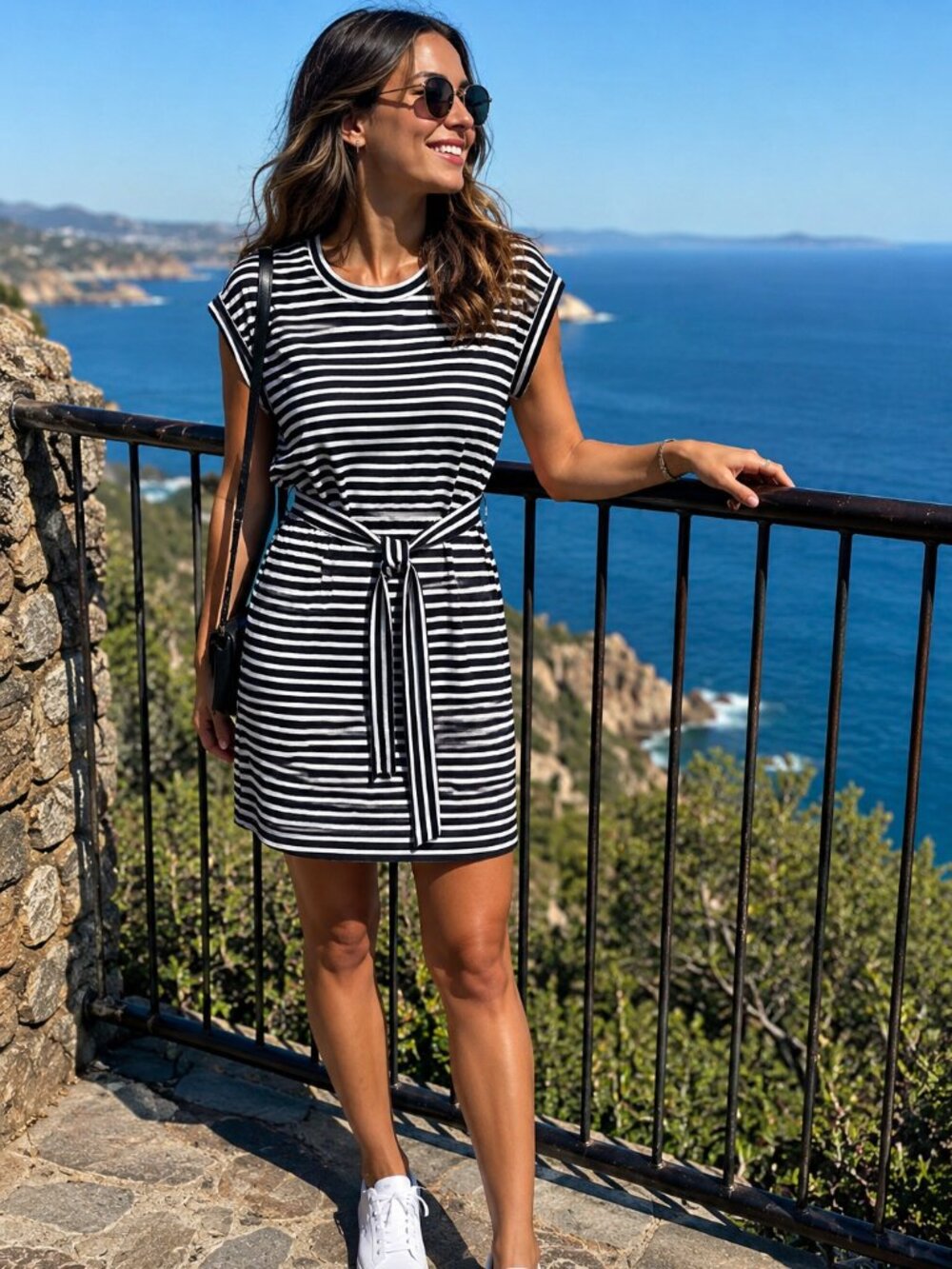 Stylish Black-and-white striped Cap Sleeves T-shirt dress Size Medium to Large